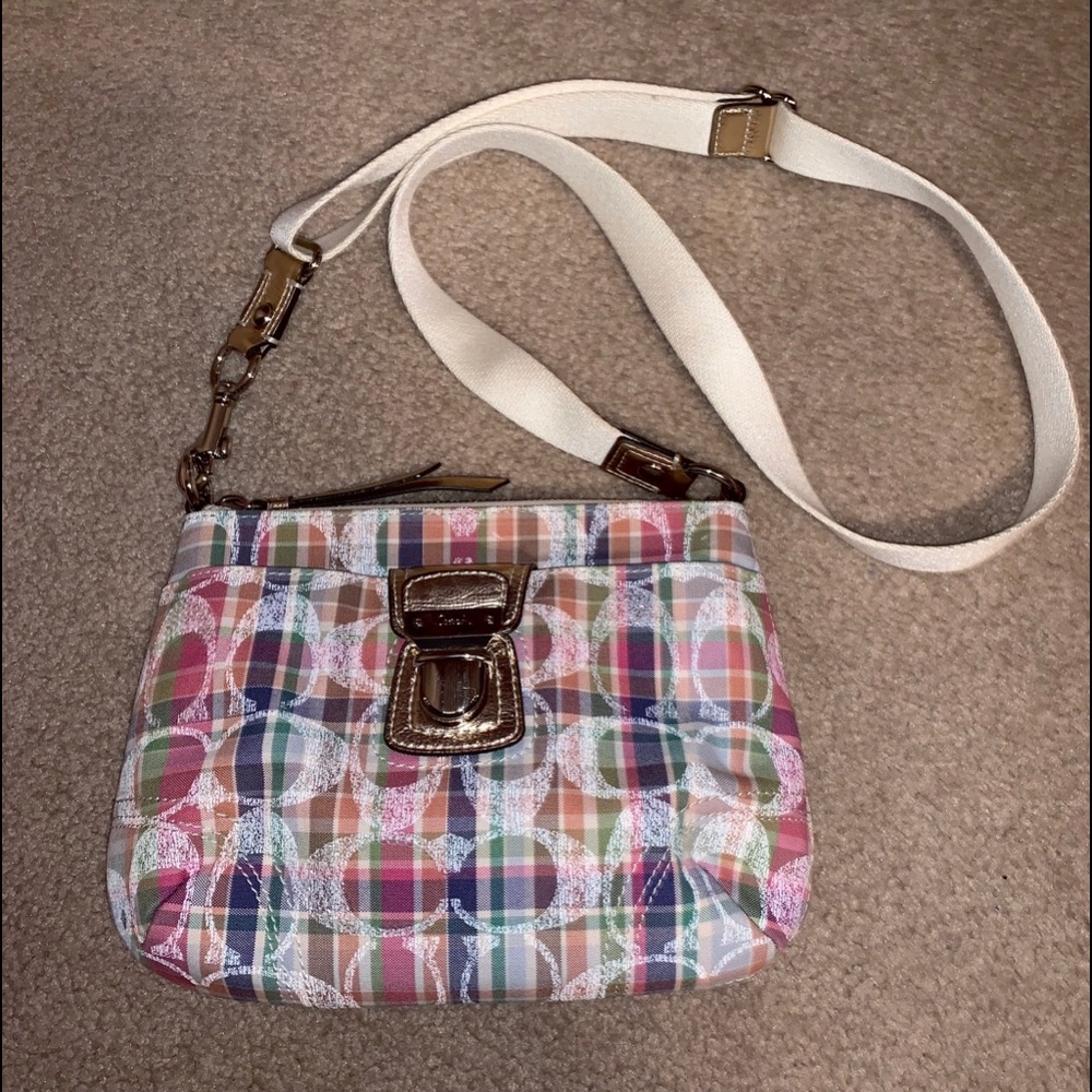 Coach Multicolor Plaid Crossbody Bag with White Strap